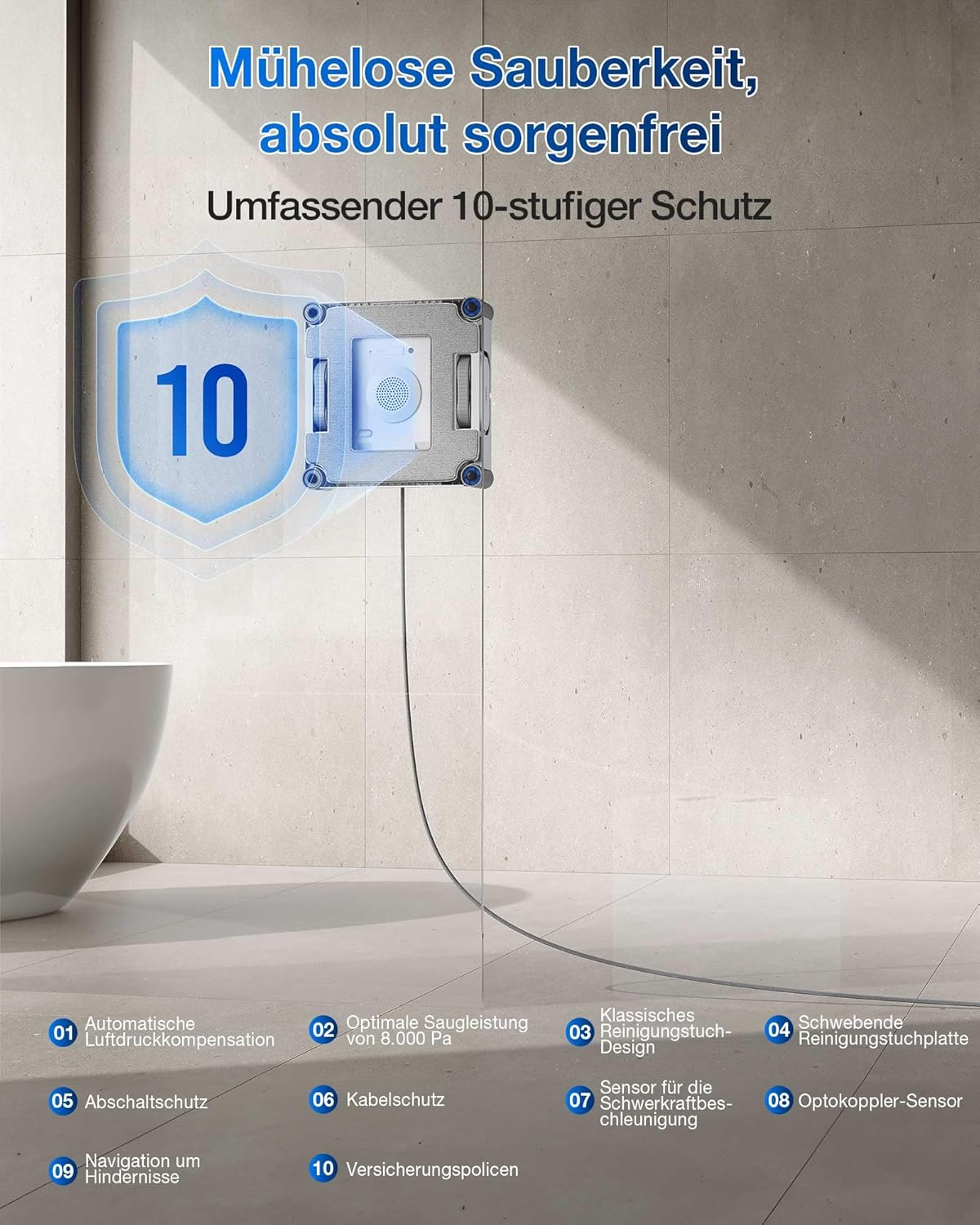 Ein Fensterreinigungsroboter mit 10-stufigem Schutz ist an einer gefliesten Wand zu sehen.