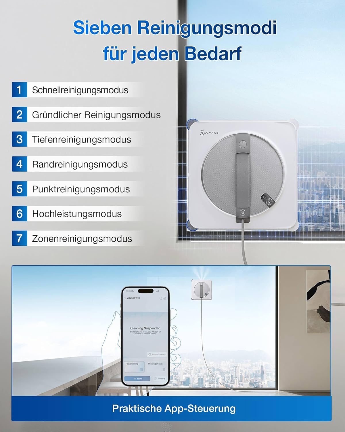Fensterreinigungsroboter mit sieben Modi, gesteuert per App.