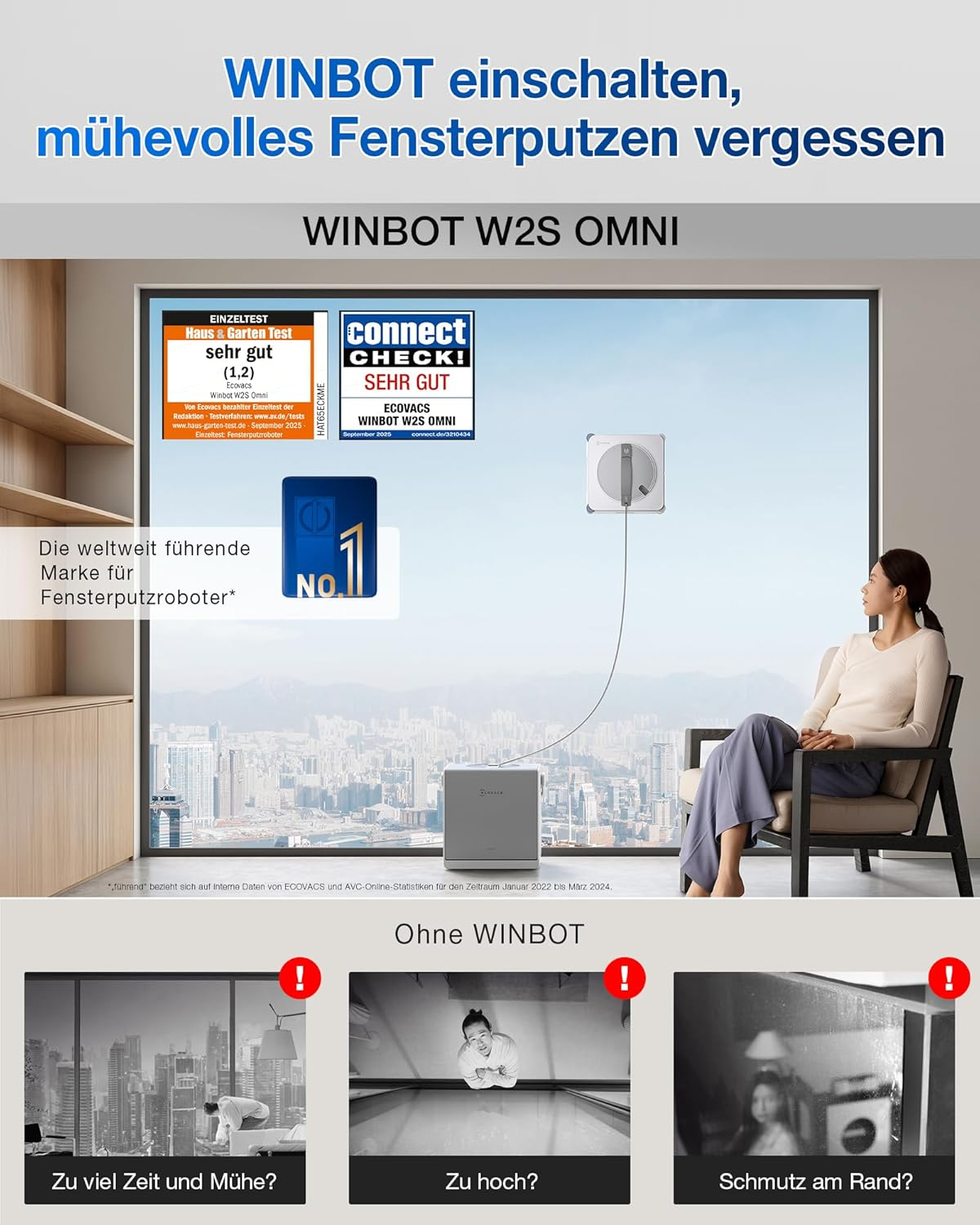 Ein Roboter reinigt Fenster, eine Frau sitzt daneben. Zwei Testberichte sind sichtbar.