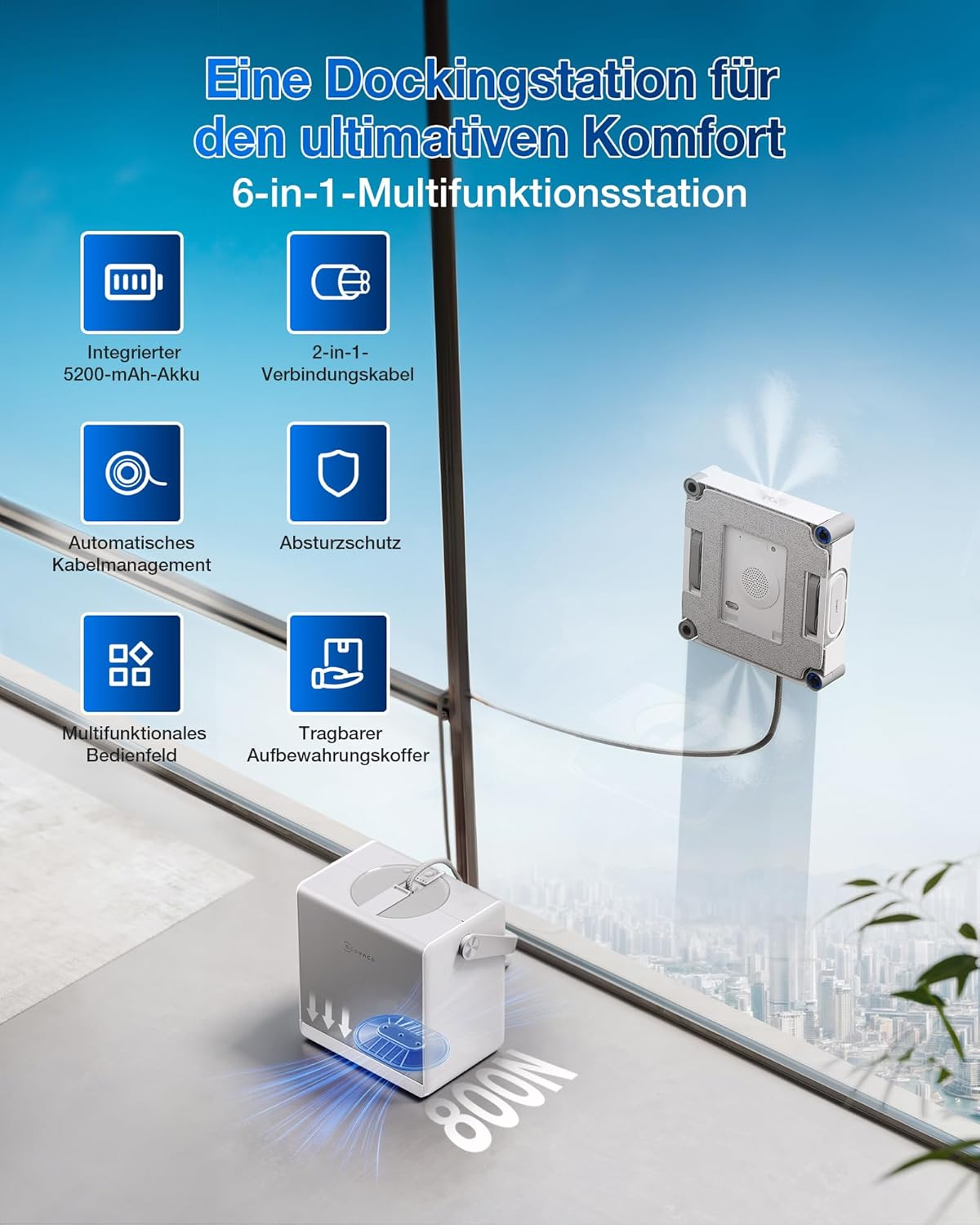 Fensterreinigungsroboter mit Dockingstation und 6 Funktionen.