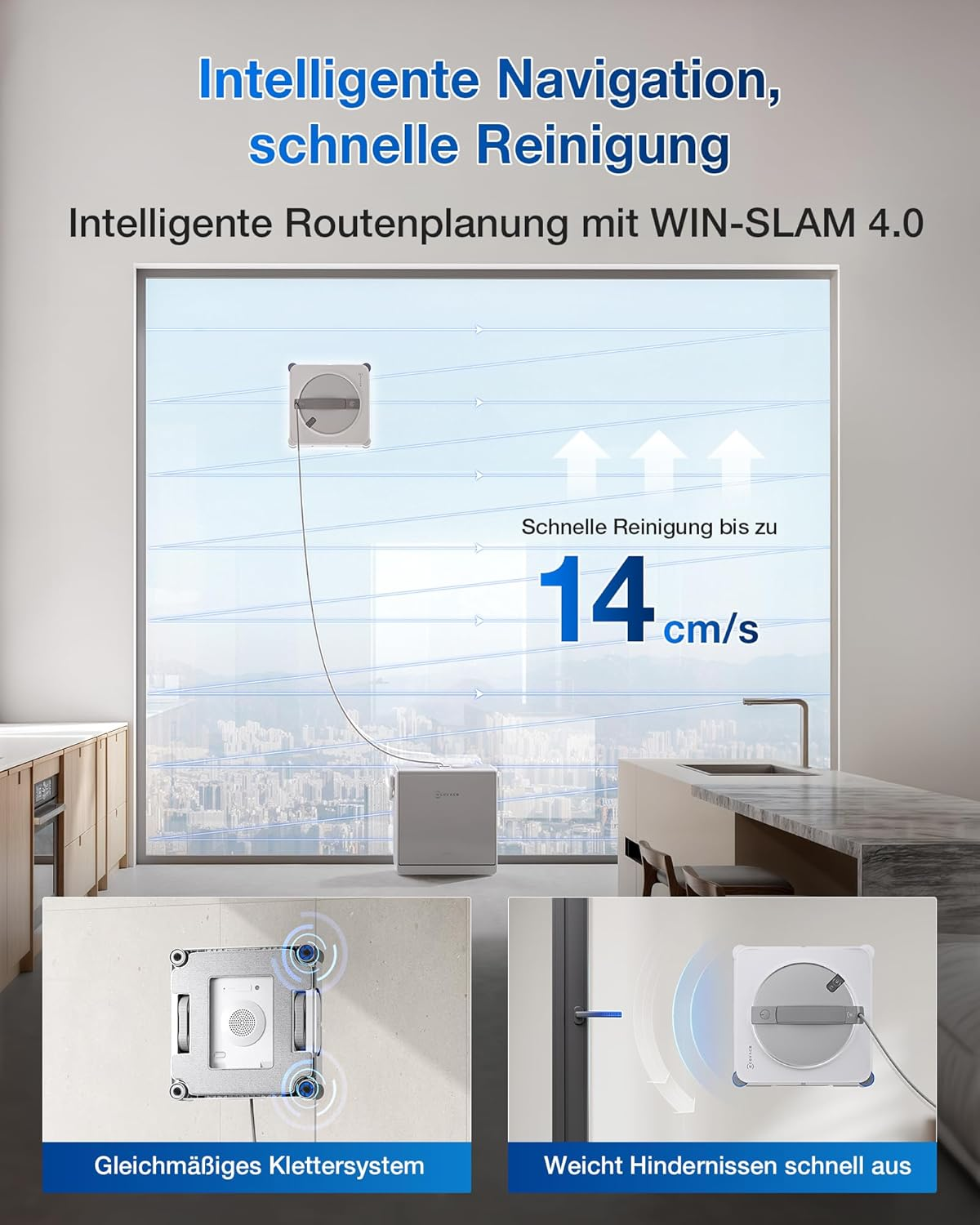 Fensterreinigungsroboter reinigt ein Fenster, mit drei Detailansichten unten.