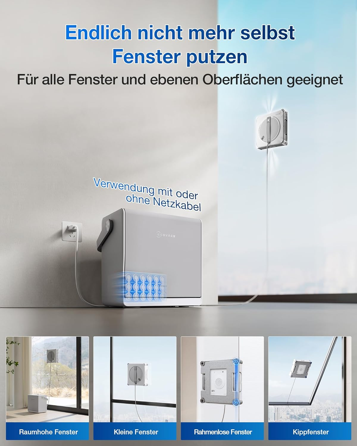 Ein Fensterputzroboter und seine Ladestation werden gezeigt. Unten sind vier Anwendungsbeispiele.