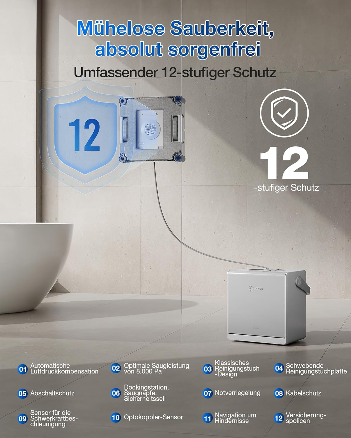 Ein Fensterreinigungsroboter mit Dockingstation auf einem gefliesten Boden.