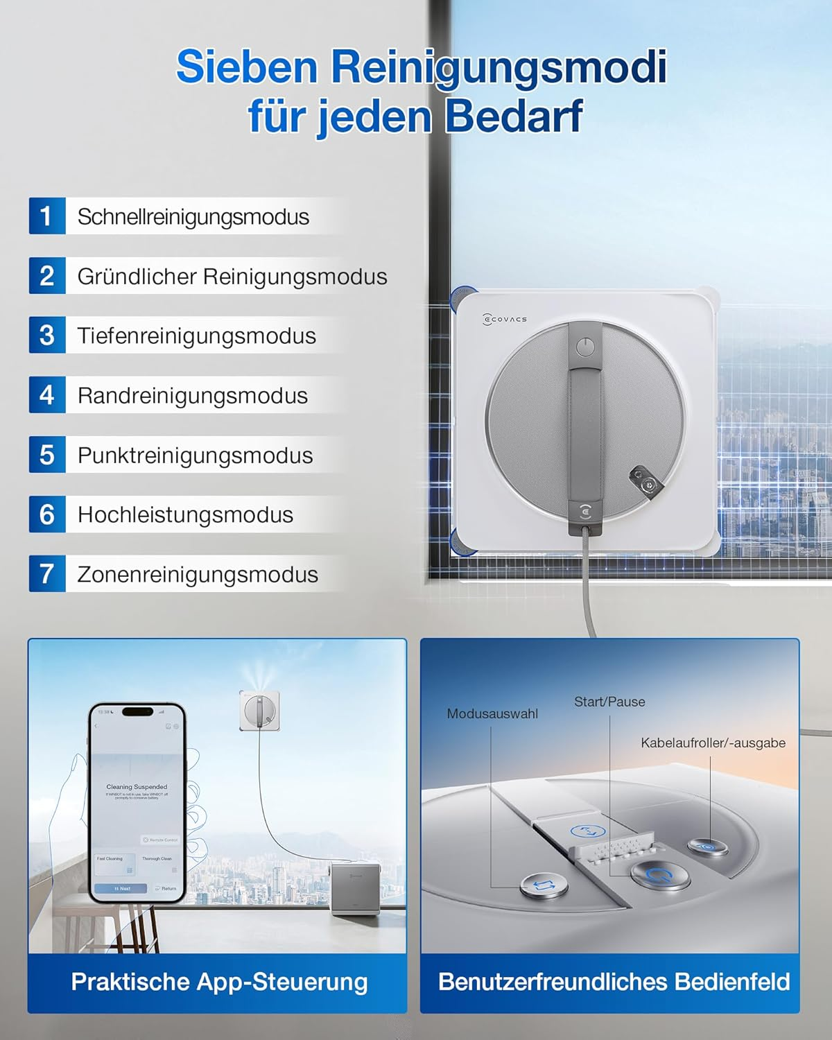 Fensterreinigungsroboter mit App-Steuerung und 7 Reinigungsmodi.