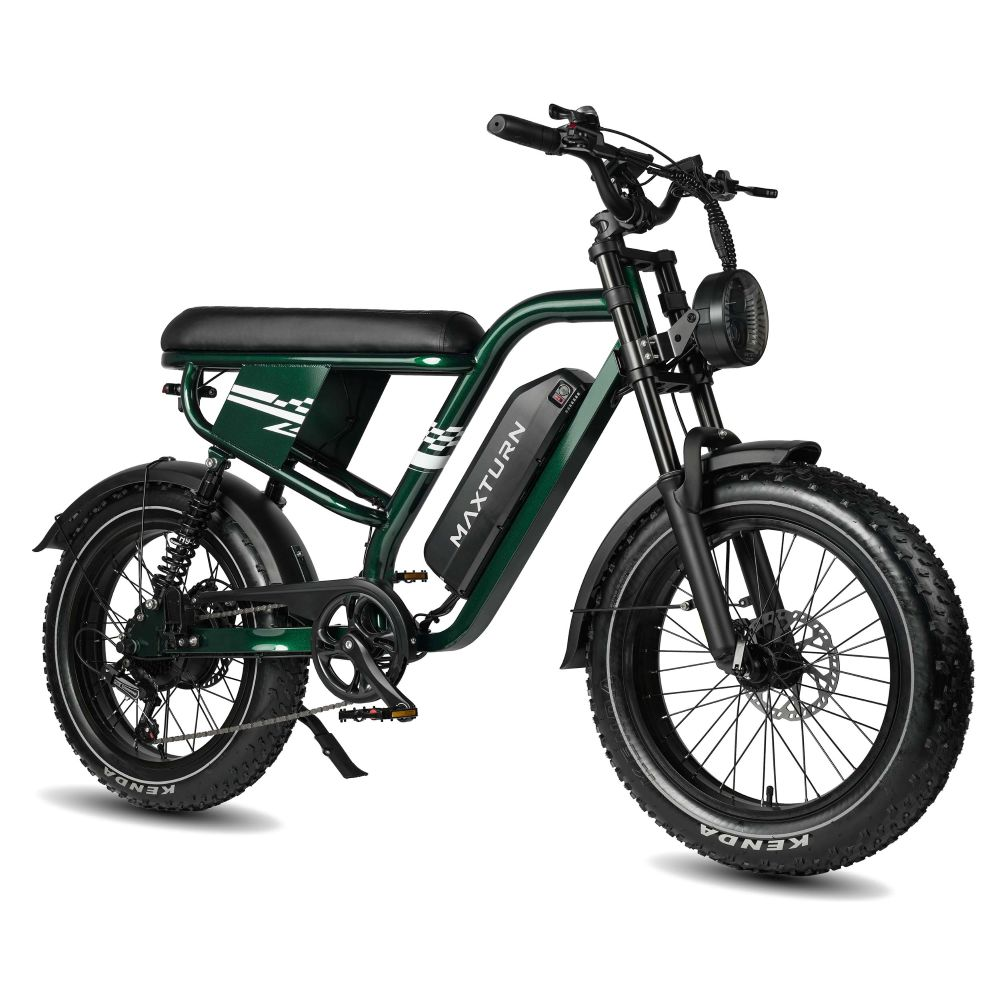 Una bicicleta eléctrica verde oscuro con llantas anchas, asiento negro y pedales plateados.