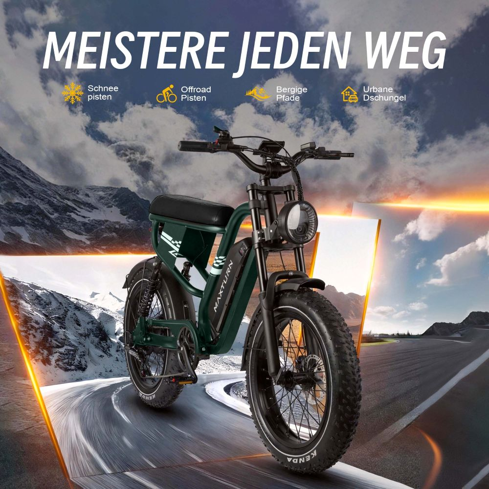 Una bicicleta eléctrica verde oscuro en una carretera sinuosa con montañas nevadas y cielo brillante.