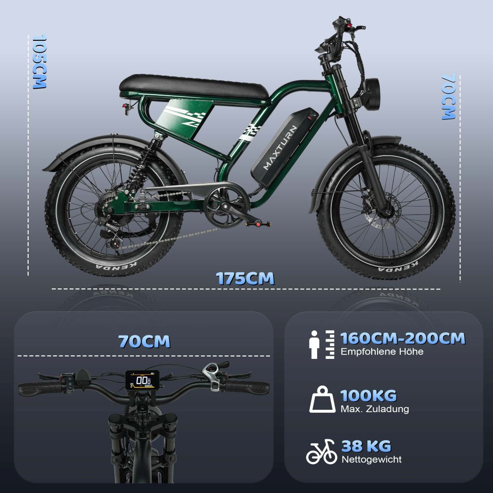 Bicicleta eléctrica verde con dimensiones: 175cm largo, 105cm alto, 70cm ancho manillar.