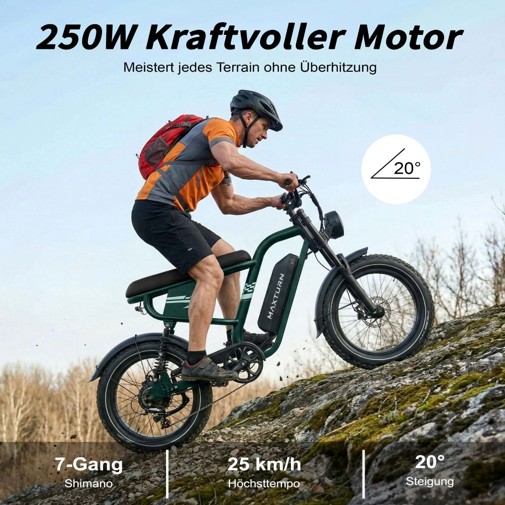 Un hombre montando una e-bike verde en terreno rocoso. Motor 250W.