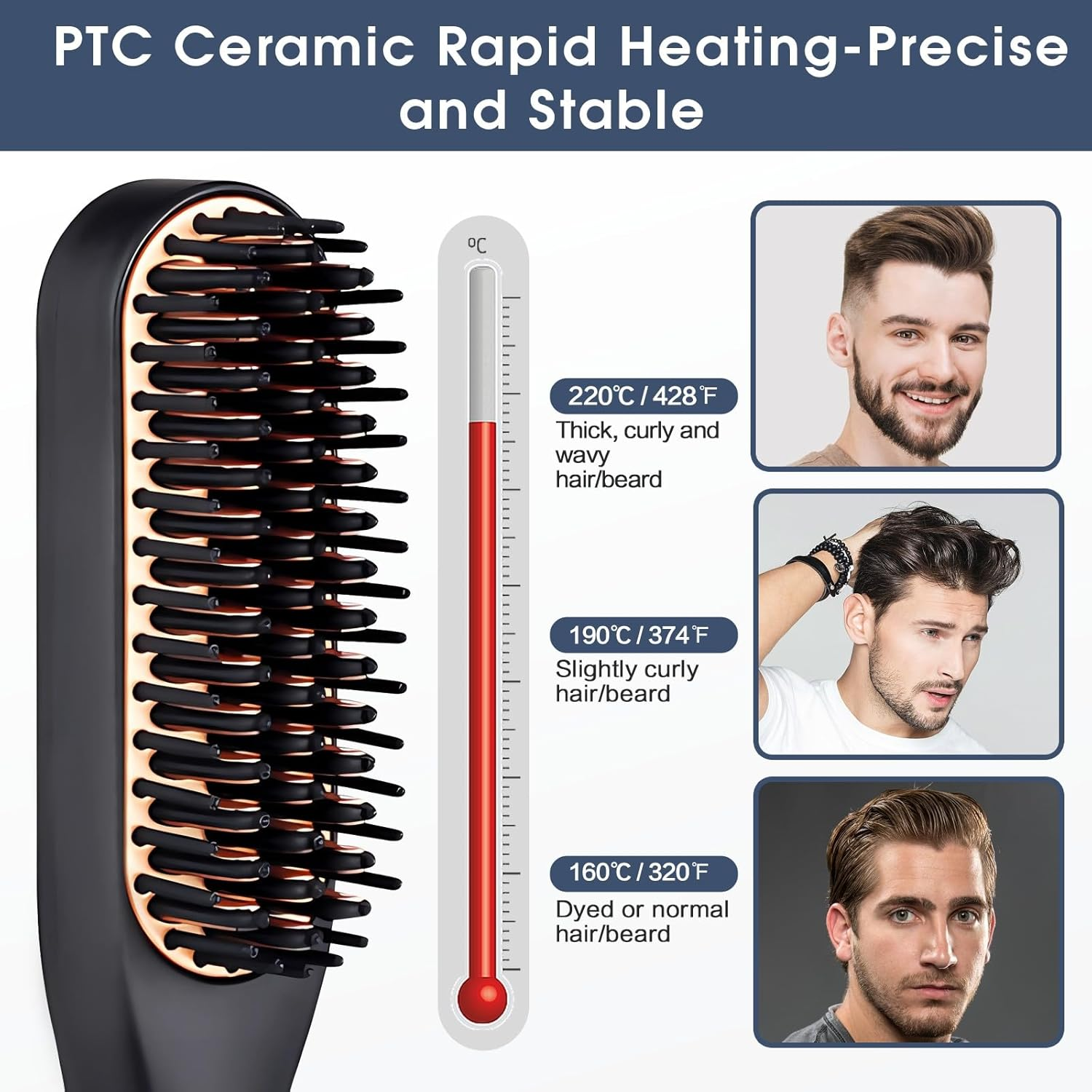 Haarglätter mit Temperaturführung: dickes Haar 220C, lockig 190C, normal 160C.