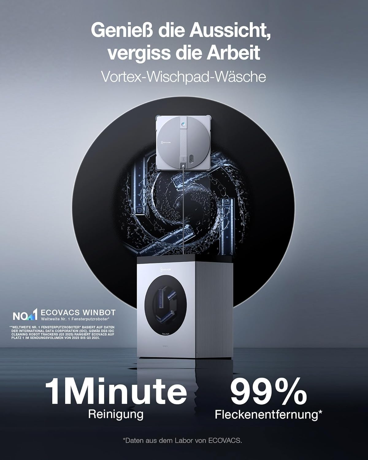 Robot lavavetri ECOVACS WINBOT su base, pulizia 1 min, 99% rimozione macchie.