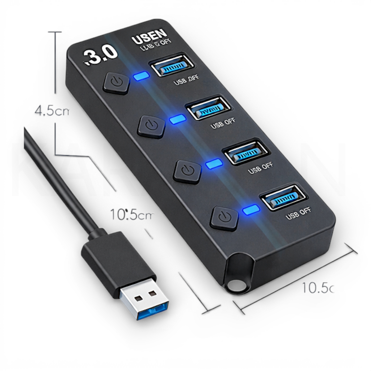Hub USB 3.0 negro con 4 puertos, luces indicadoras azules y dimensiones.