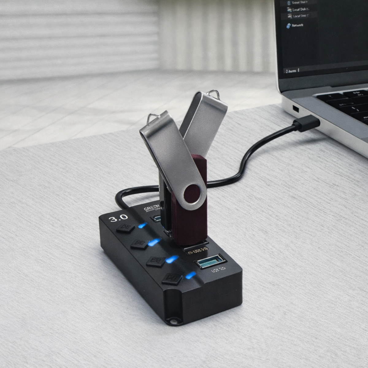 Un concentrador USB 3.0 negro con unidades USB conectadas, unido a un portátil.