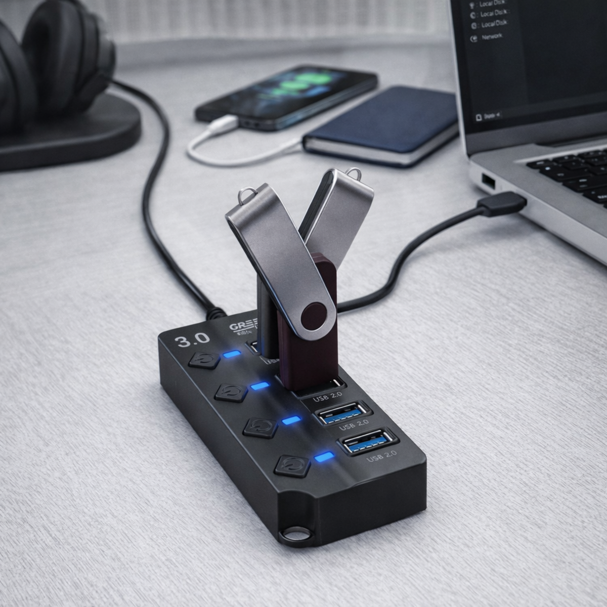 Un concentrador USB con dispositivos conectados, incluyendo un portátil, un smartphone y auriculares.