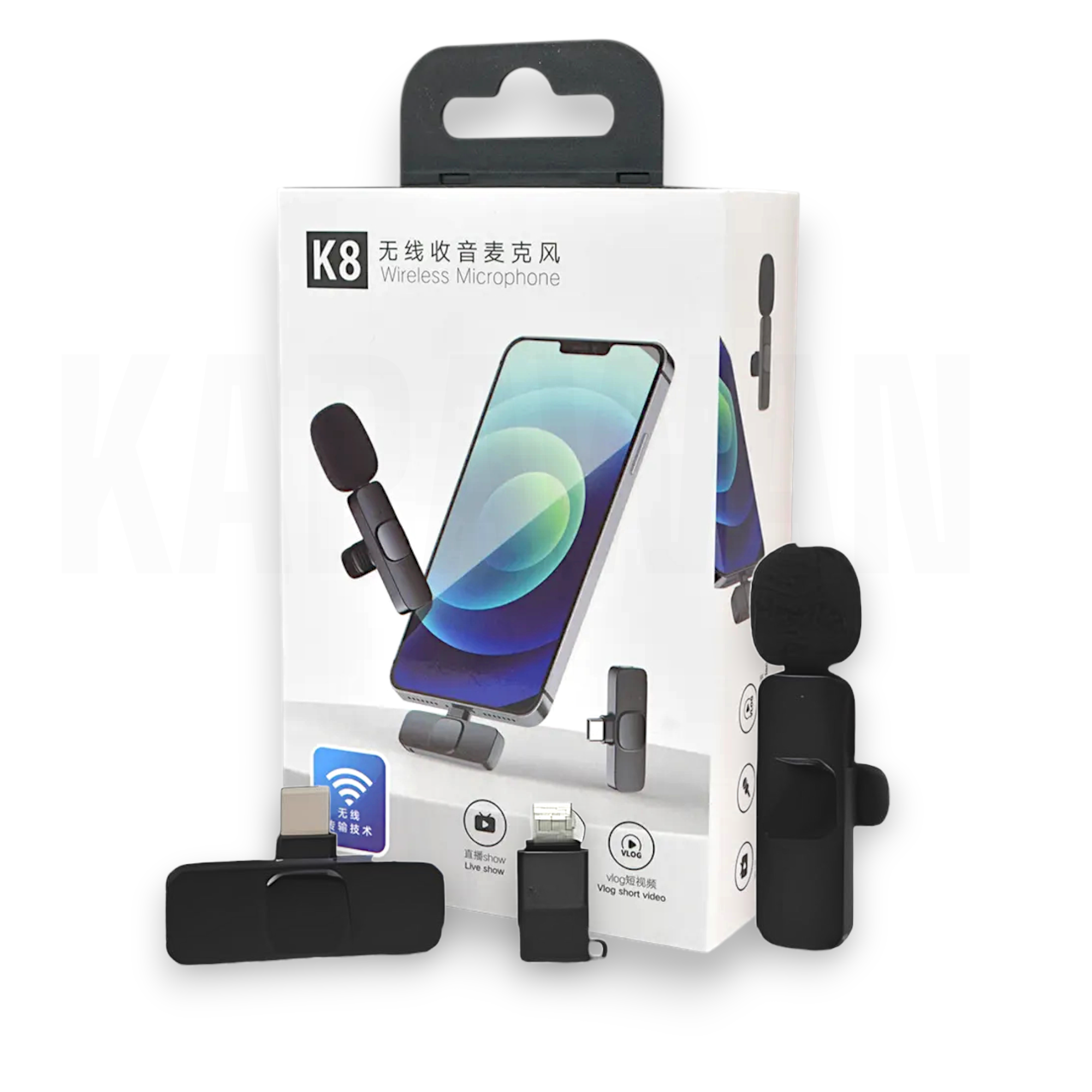 Empaque de micrófono inalámbrico K8 con un teléfono inteligente y accesorios.