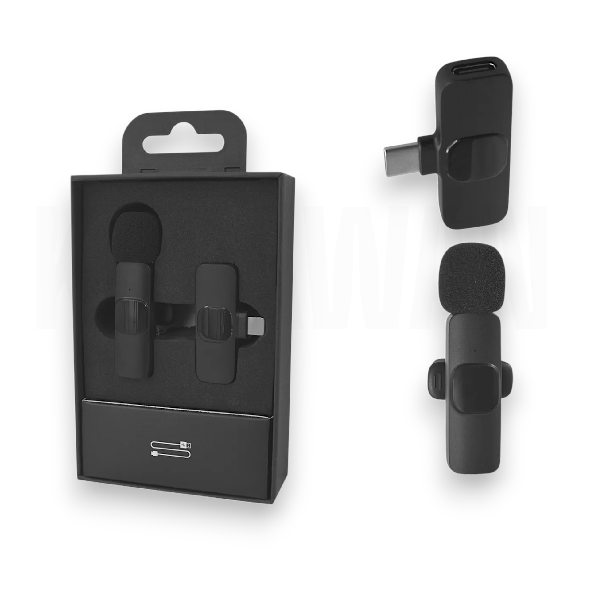 Micrófonos negros con conectores USB-C en embalaje y por separado.