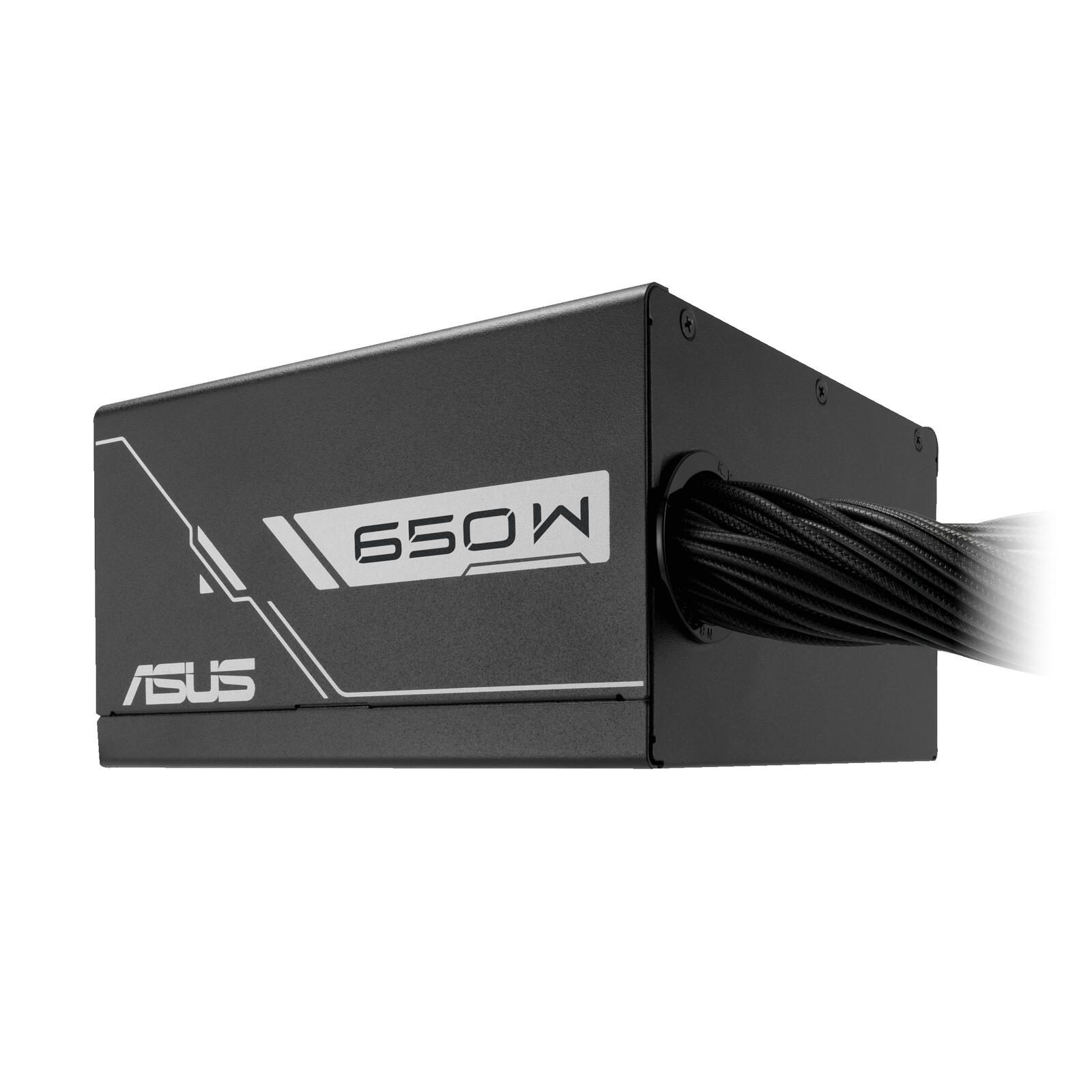Czarny zasilacz ASUS 650W z plecionymi kablami.