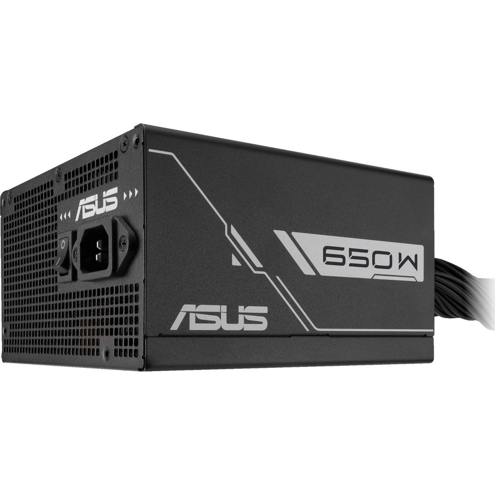 Czarny zasilacz Asus z oznaczeniem 650W i otworami wentylacyjnymi.