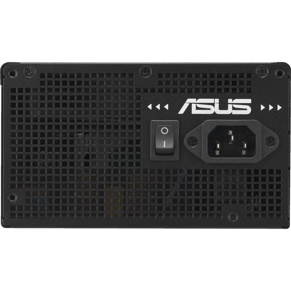 Czarny zasilacz z logo ASUS, przełącznikiem i złączem zasilania.