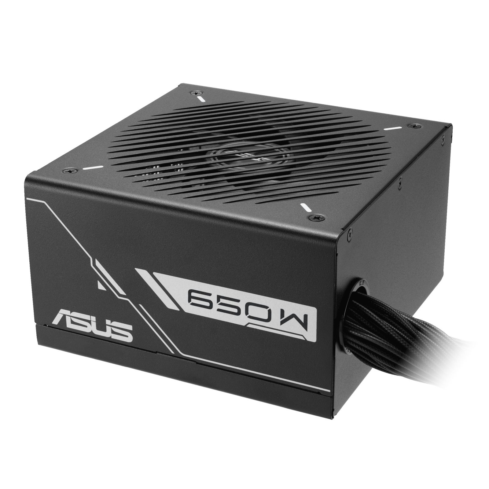 Czarny zasilacz ASUS 650W z wentylatorem i wyjściem kablowym.