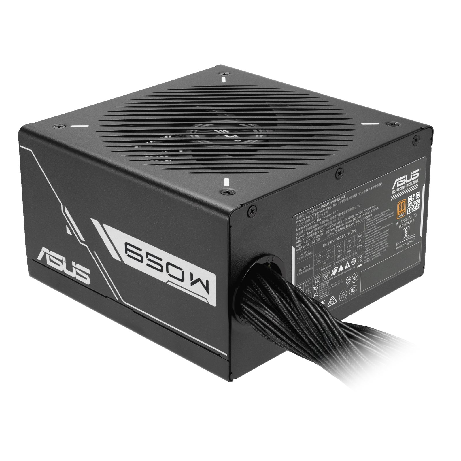Czarny zasilacz ASUS 650W z kablami wychodzącymi z przodu.