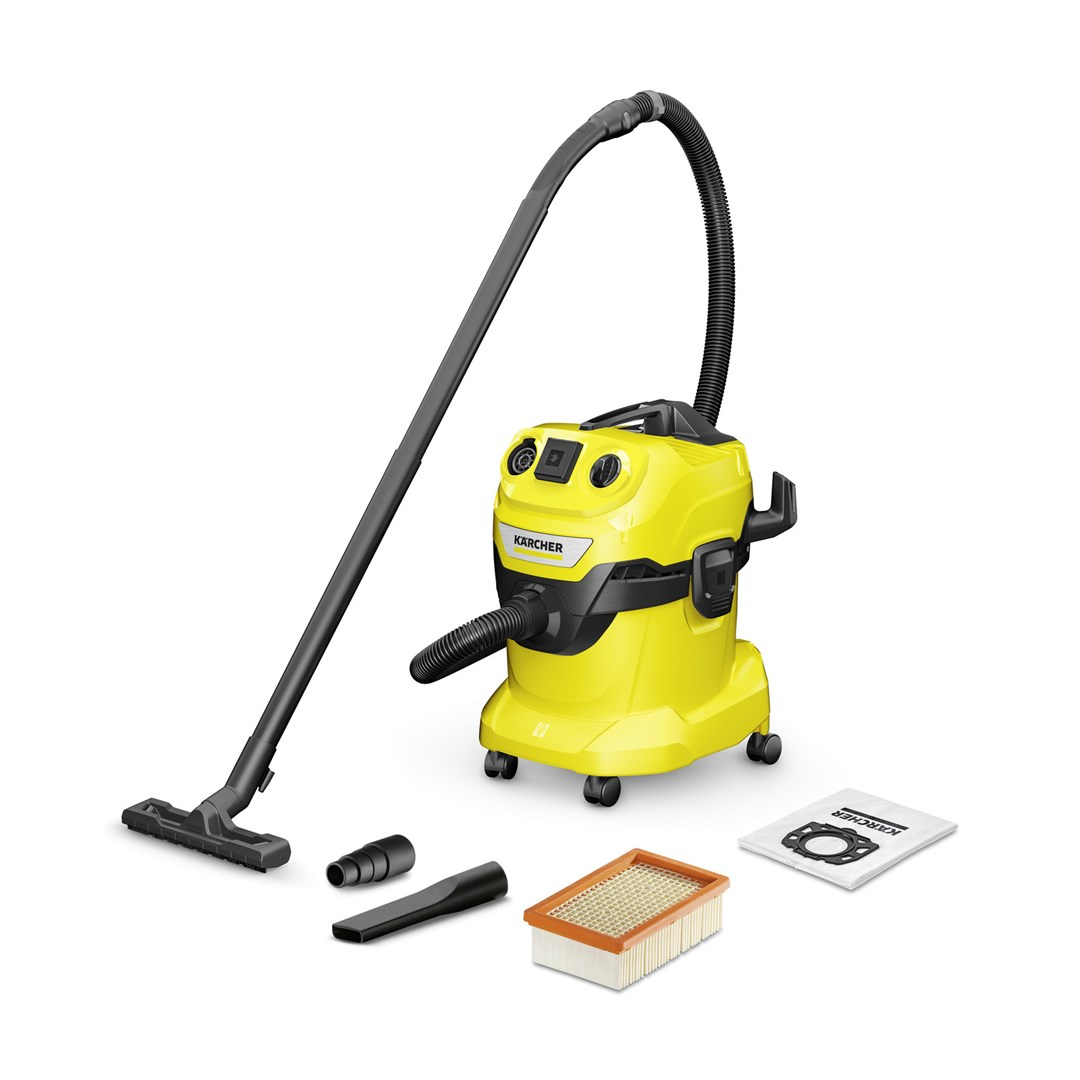 Aspiratore Karcher giallo multiuso con tubo, spazzola, filtro e sacchetto.