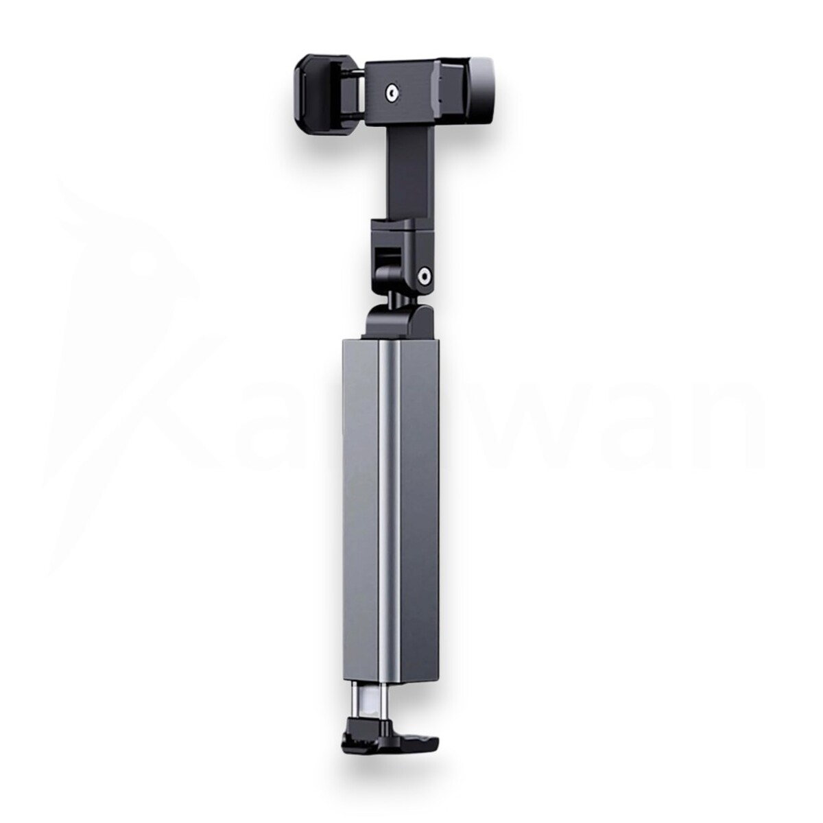 Soporte gris para teléfono móvil con brazo y clip ajustables.