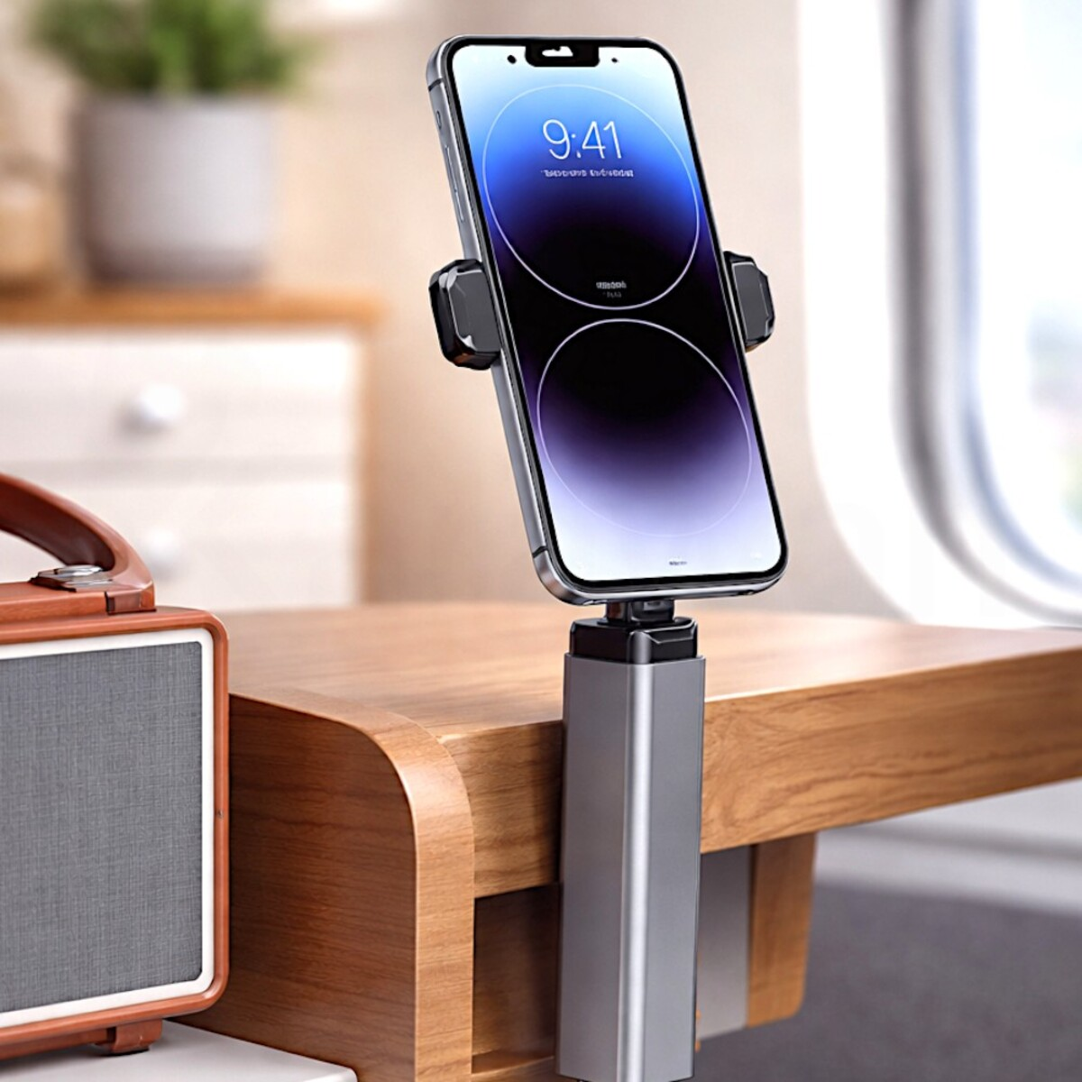 Un soporte plateado para teléfono sostiene un smartphone que muestra las 9:41 en una mesa de madera junto a un altavoz retro.