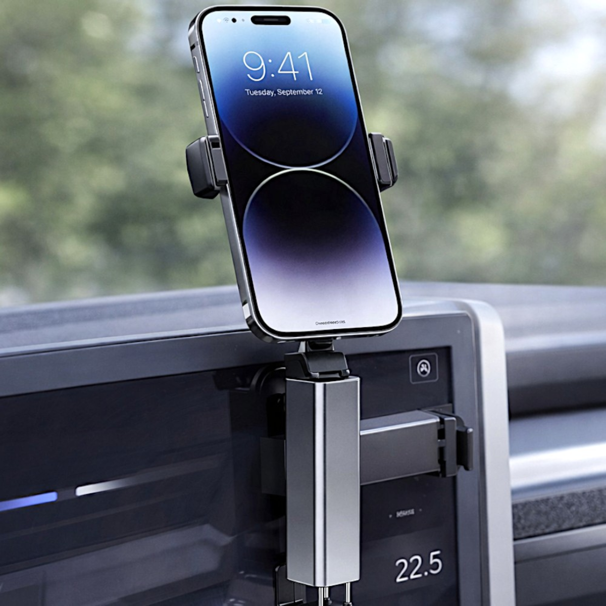 Un soporte plateado para teléfono sujeta un smartphone con fondo de pantalla azul en un salpicadero.