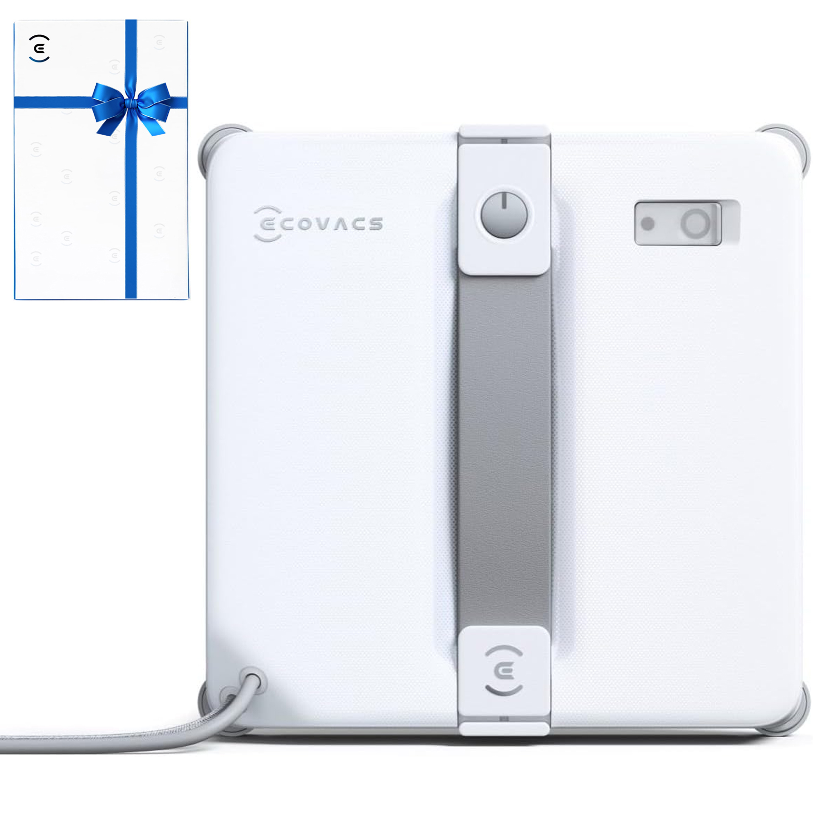 Ein weißer Roboter zur Fensterreinigung mit blauem Band und Geschenkbox.
