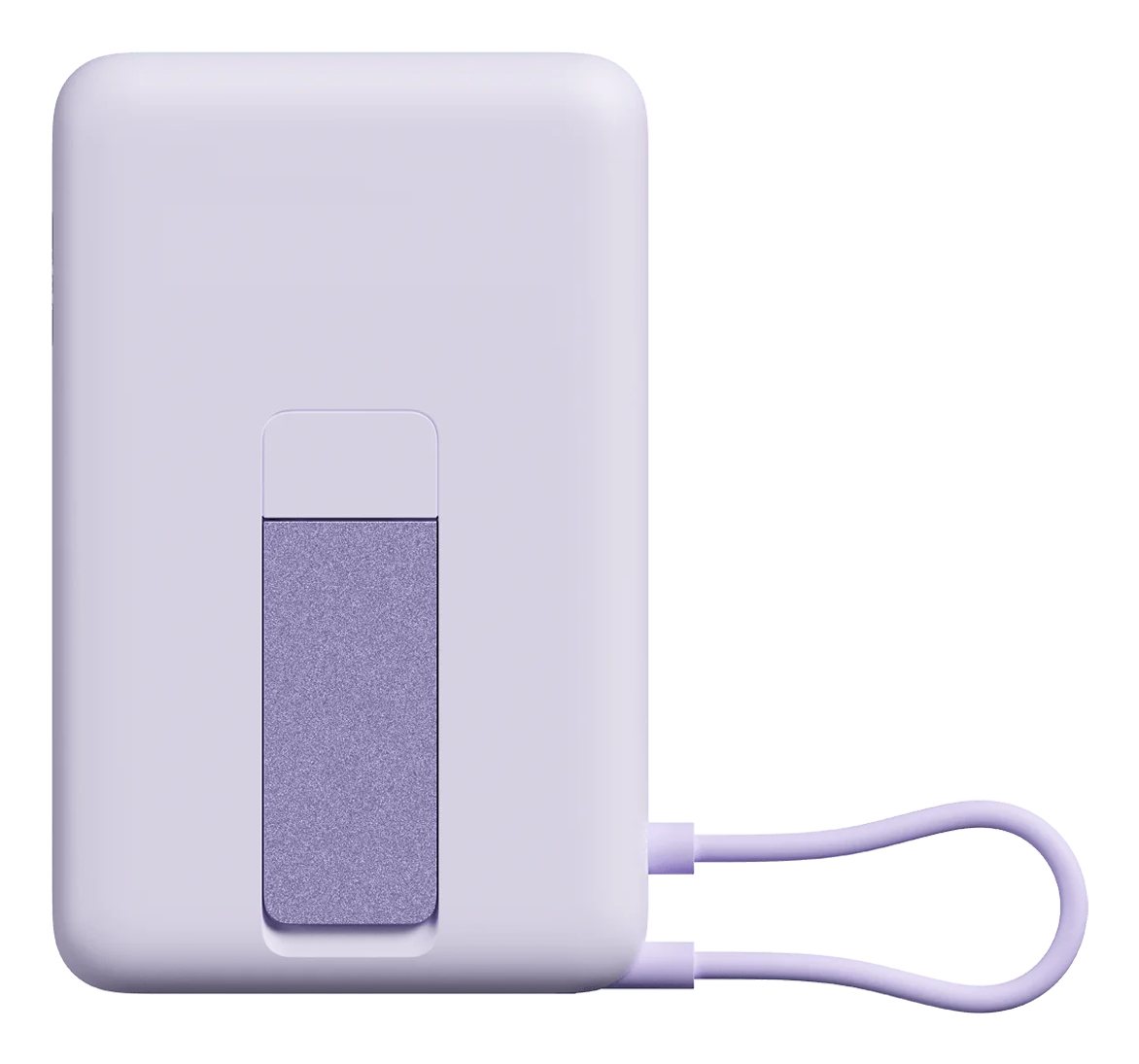 Un power bank viola con supporto retrattile e cavo di ricarica.