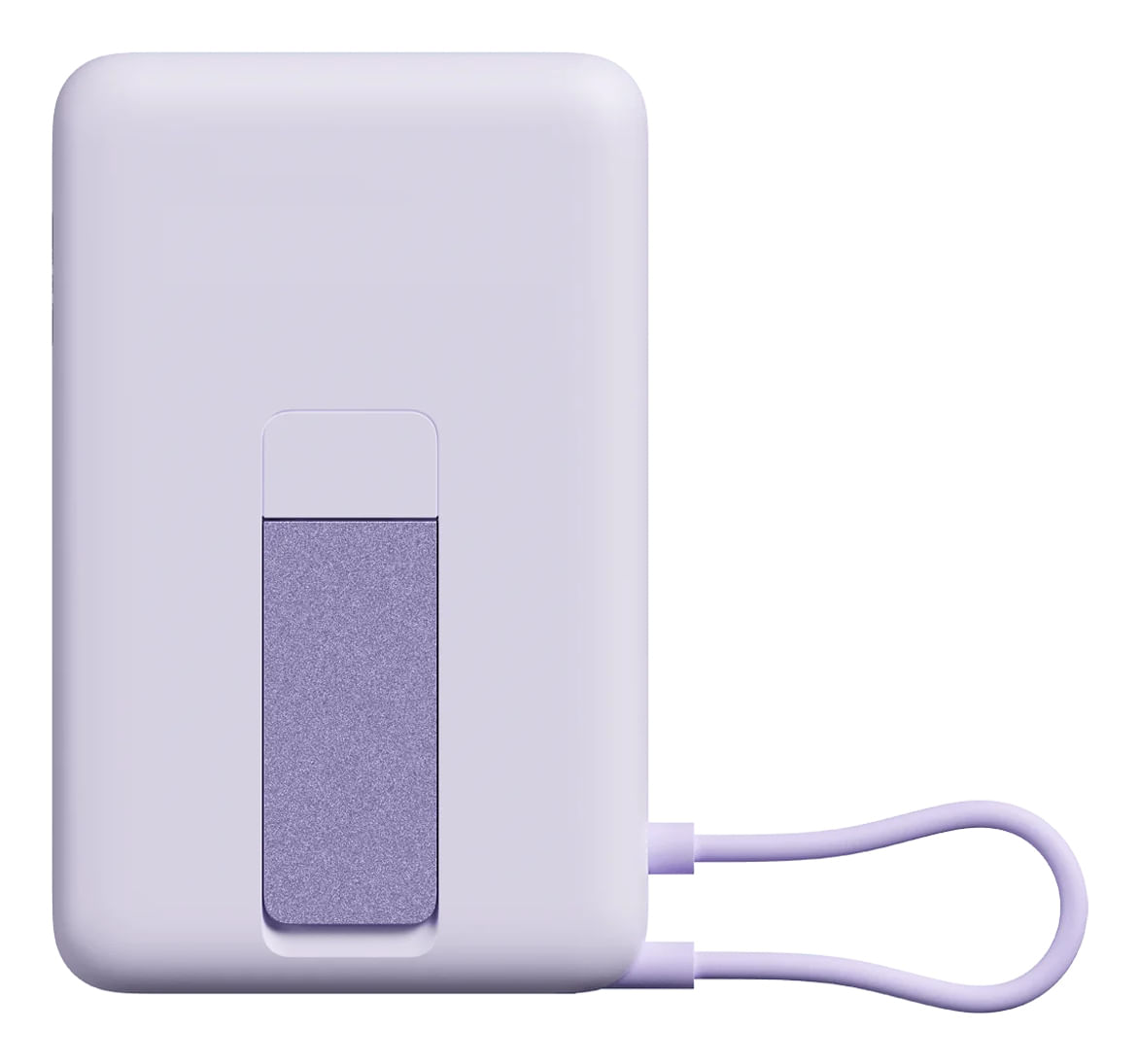 Un power bank color lavanda con supporto integrato e cavo di ricarica.
