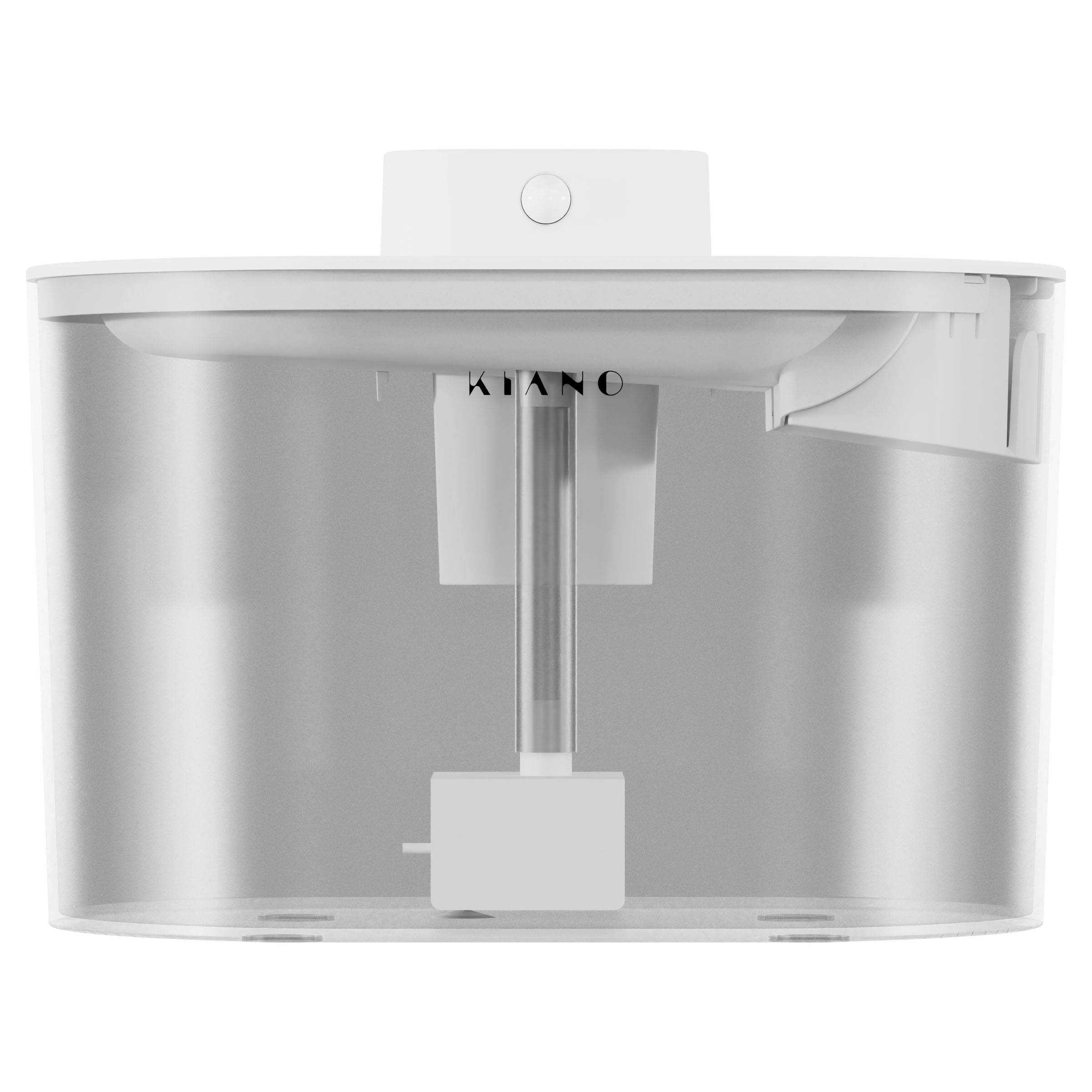 Un contenedor blanco con carcasa transparente y mecanismo interno visible.