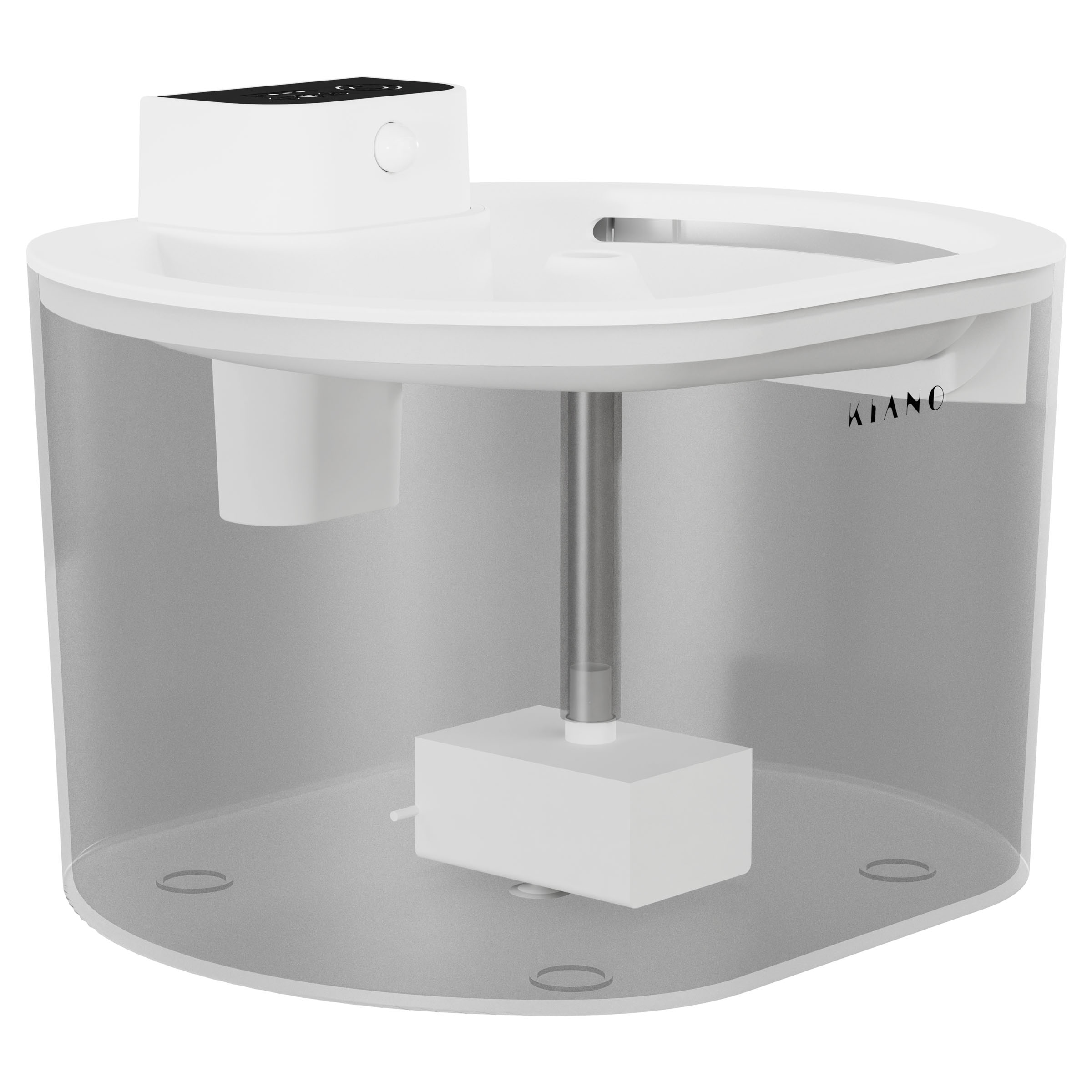 Un humidificador KIYANO blanco con tanque transparente y soporte plateado.