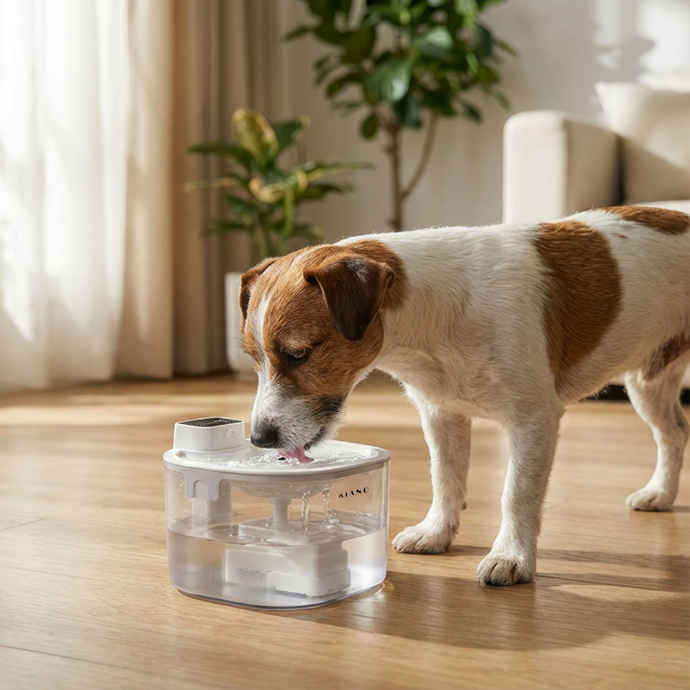 Un perro bebe de un dispensador de agua en una sala.