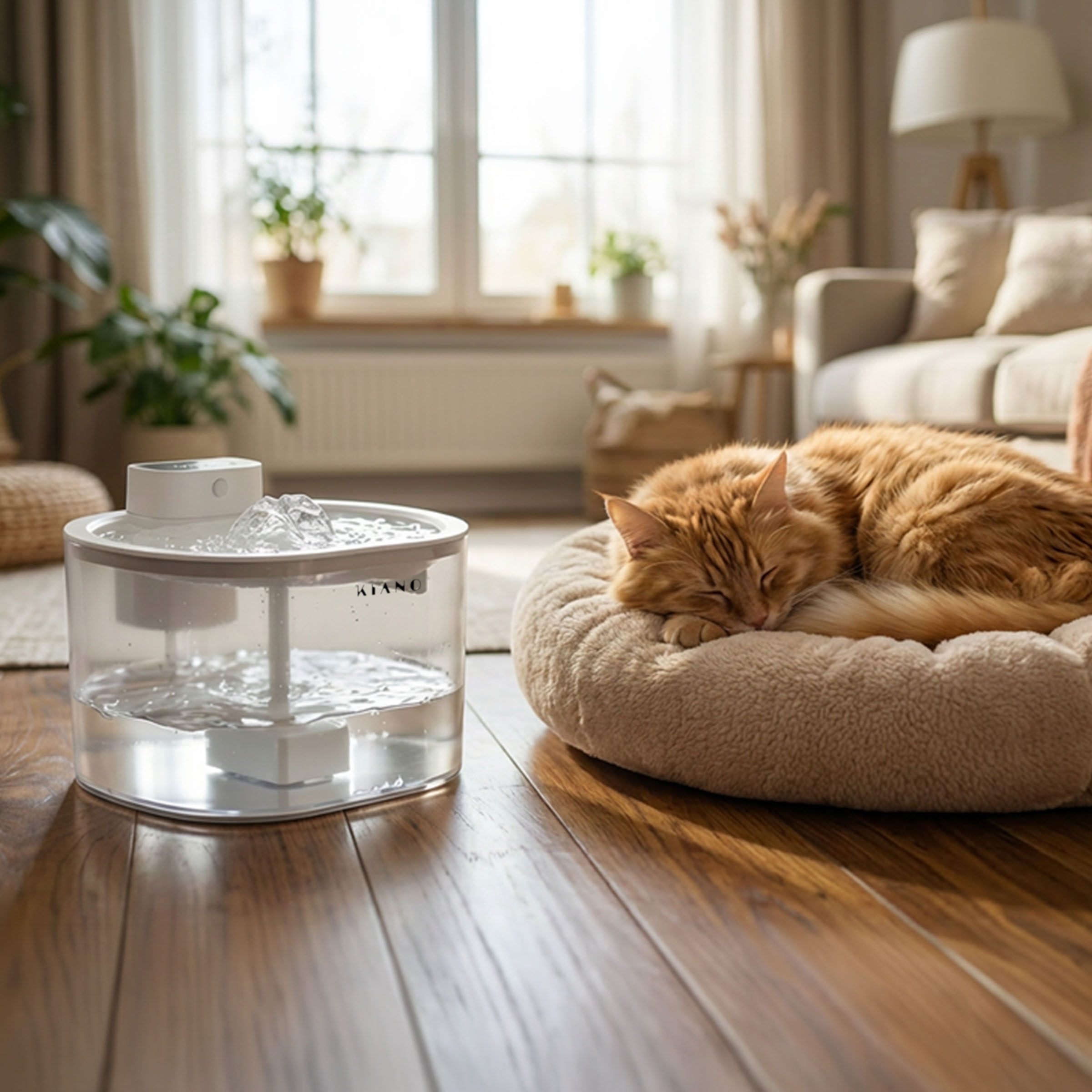 Un gato naranja duerme en una cama redonda junto a una fuente de agua.