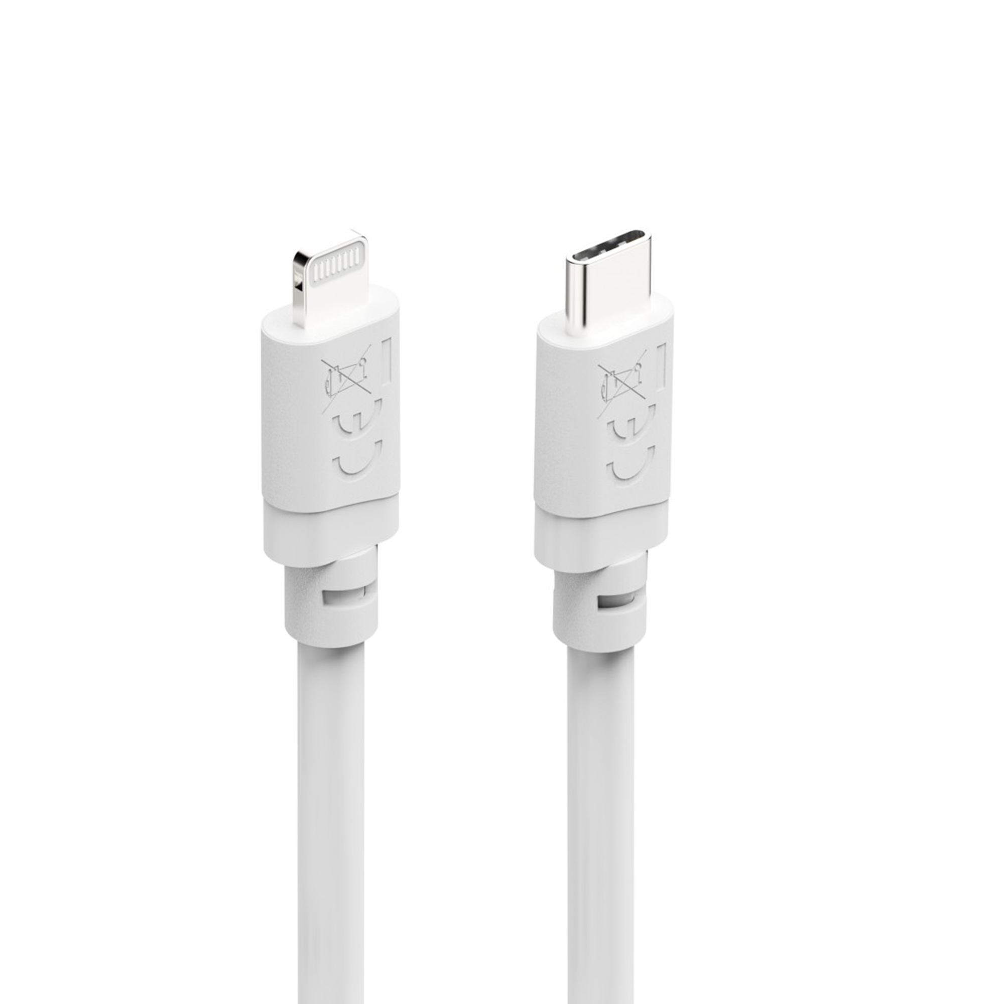 Zwei weiße Kabel, eines mit Lightning-, das andere mit USB-C-Stecker.
