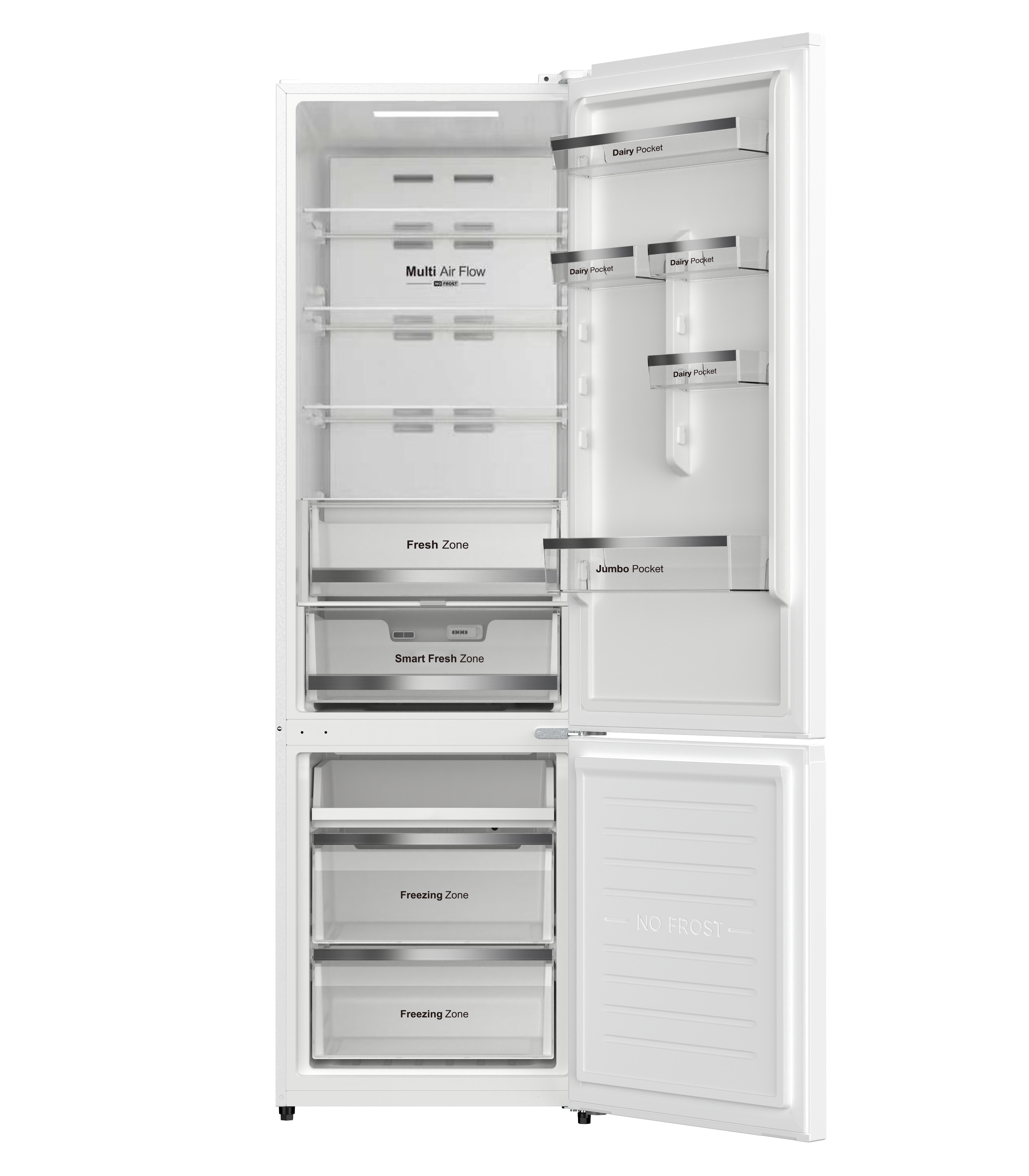 Un refrigerador blanco con la puerta abierta muestra estantes, cajones y "No Frost".