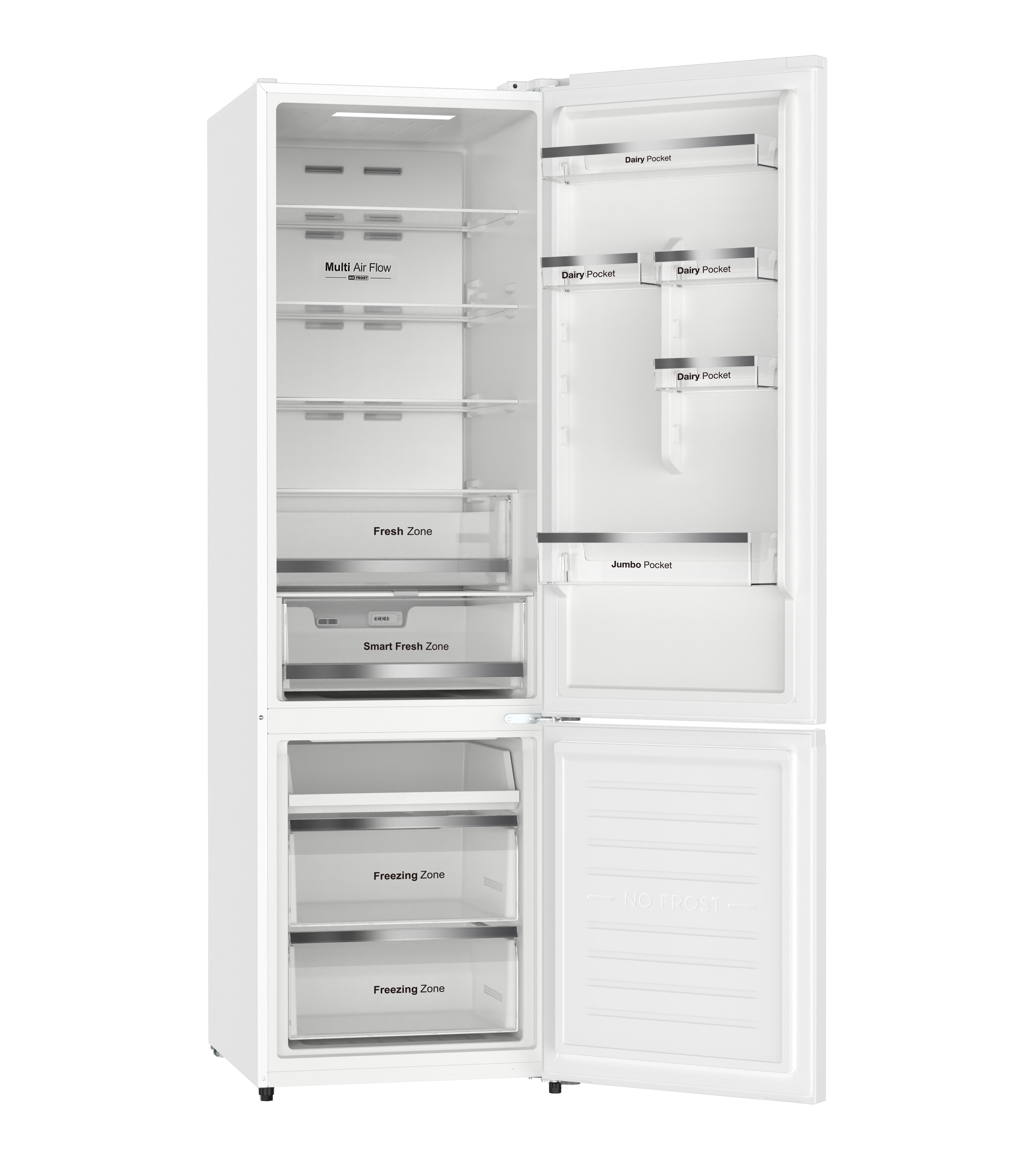 Un refrigerador blanco abierto con múltiples estantes y cajones.