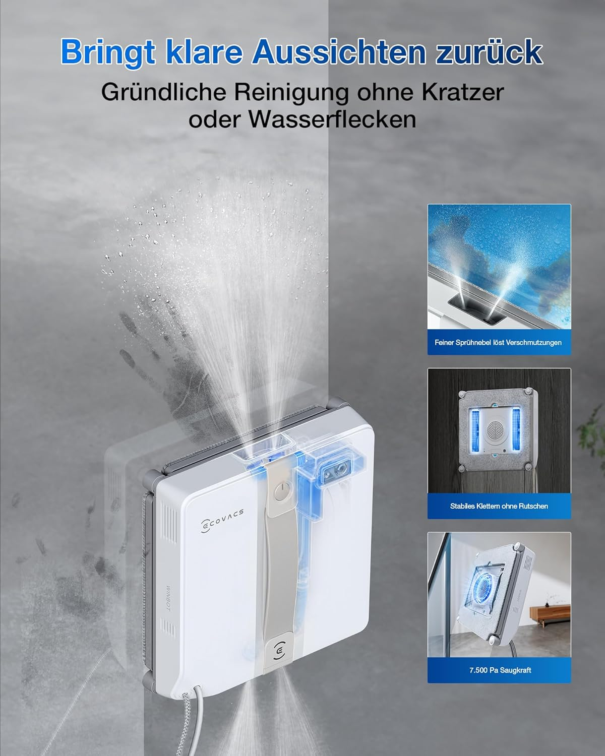 Un robot bianco pulisce una finestra con nebulizzazione. Piccole immagini di nebulizzazione, arrampicata e aspirazione.