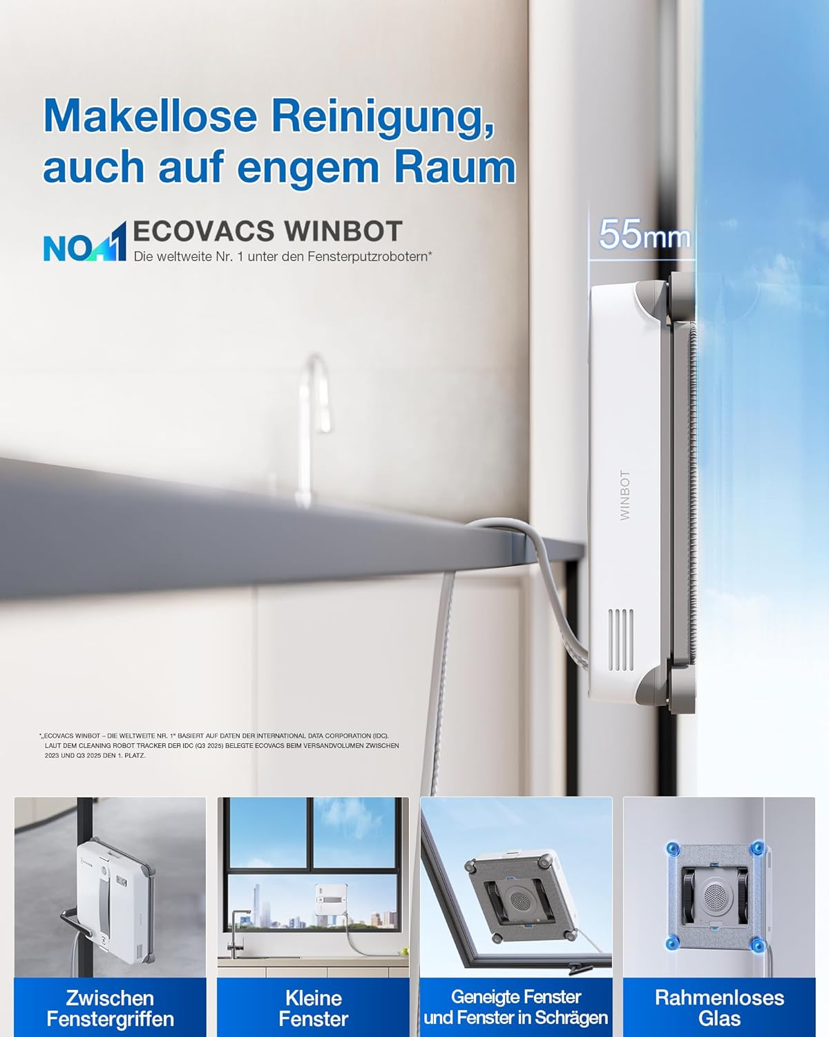 Ein weißer ECOVACS WINBOT Fensterreinigungsroboter haftet an einem Fenster. Maße: 55mm.