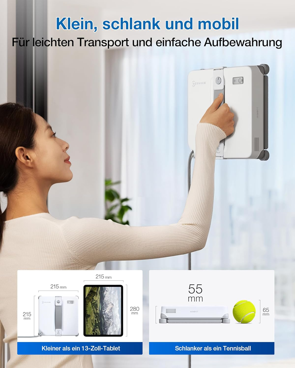 Frau hält einen weißen Roboterfensterreiniger, der kleiner als ein Tablet ist.