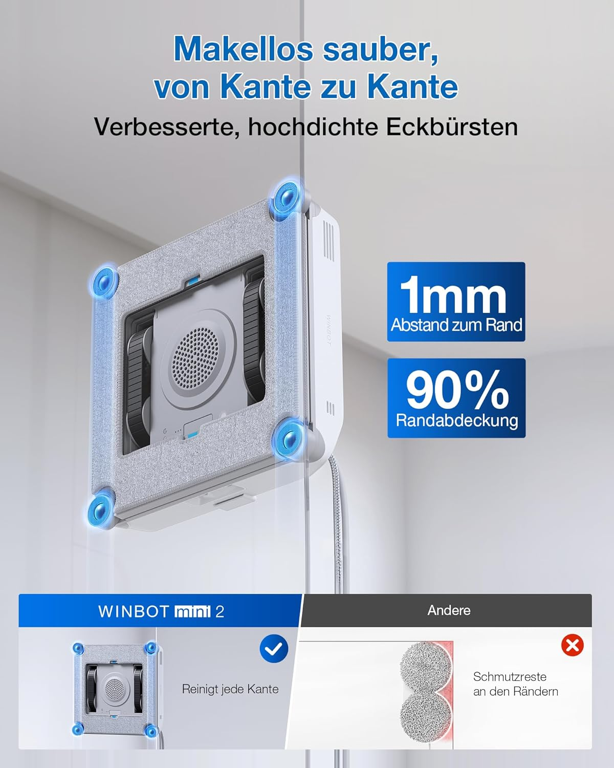 Ein Roboter-Fensterreiniger mit blauen Ecken reinigt von Kante zu Kante.