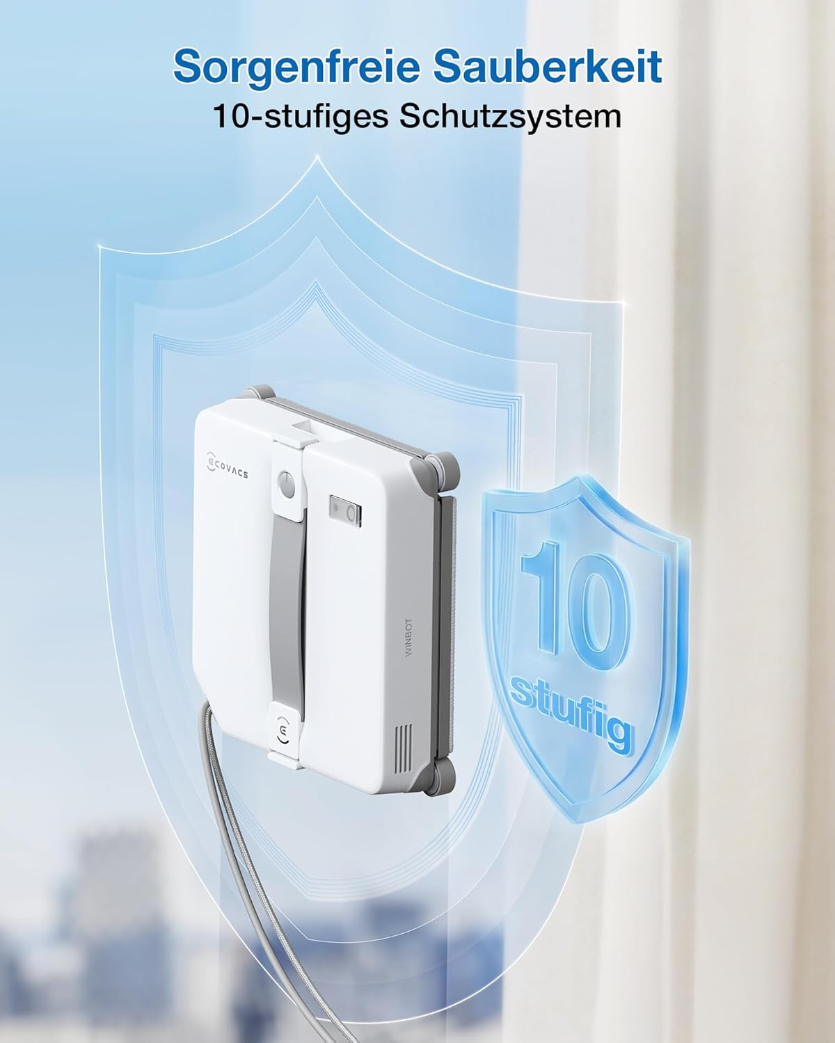 Ein weißer Fensterreinigungsroboter auf einer Fensterscheibe, mit Schutzschild-Grafik.