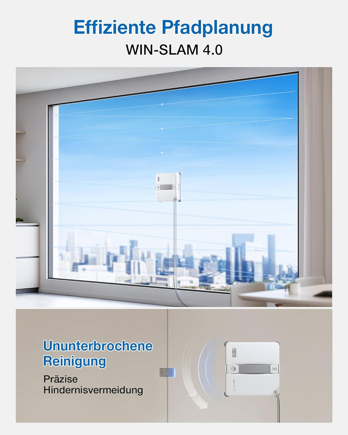 Ein Roboter-Fensterreiniger reinigt ein großes Fenster mit Blick auf eine Stadt.