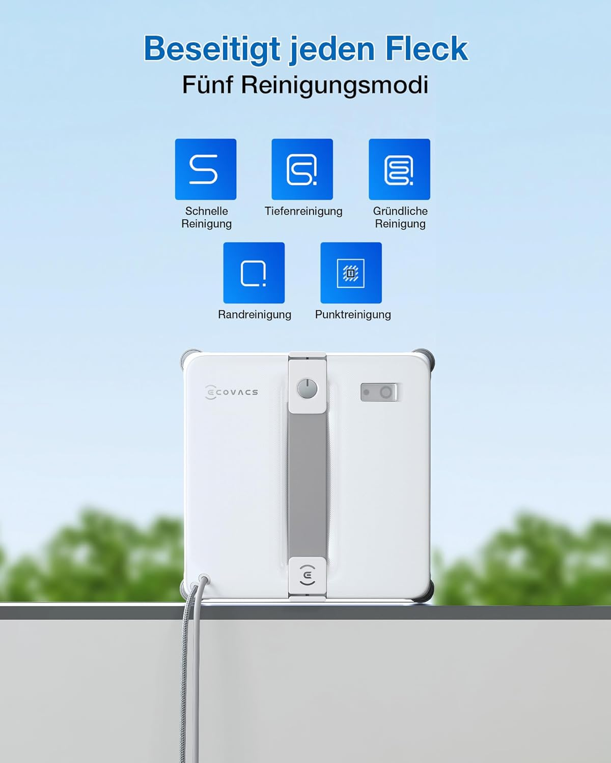 Ein weißer Fensterreinigungsroboter von Ecovacs mit fünf Reinigungsmodi.