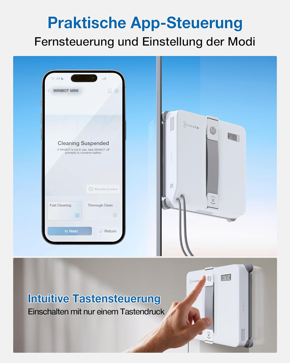 Fensterreinigungsroboter mit App und Tastensteuerung auf Glas.