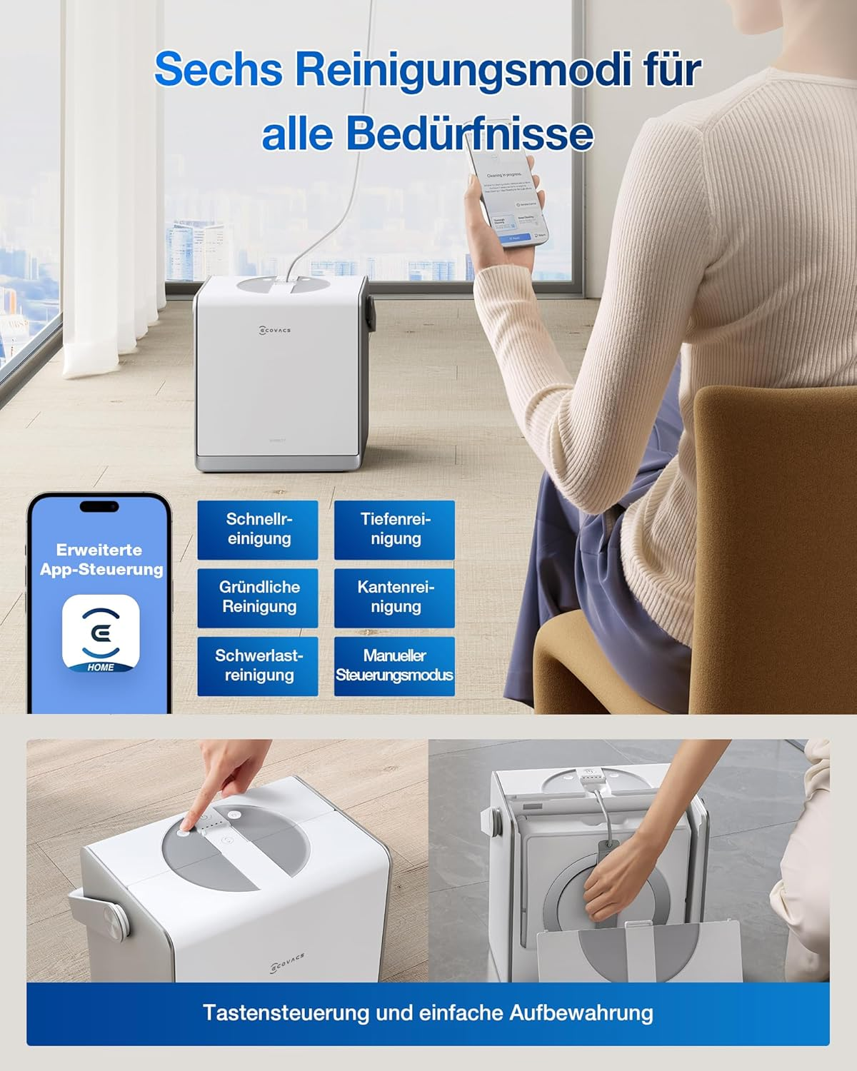 Ein weißer Roboterstaubsauger mit App-Steuerung und sechs Reinigungsmodi.