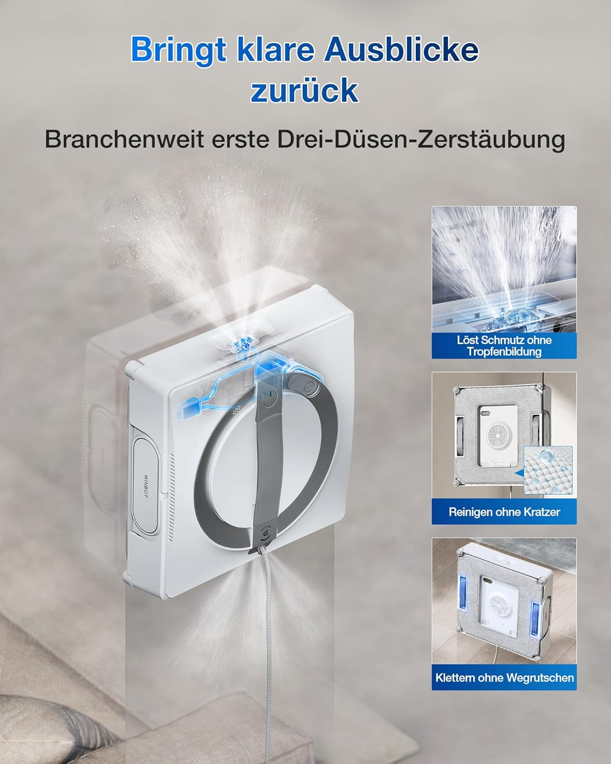 Ein weißer Fensterreinigungsroboter sprüht Wasser und reinigt die Fensterscheibe.