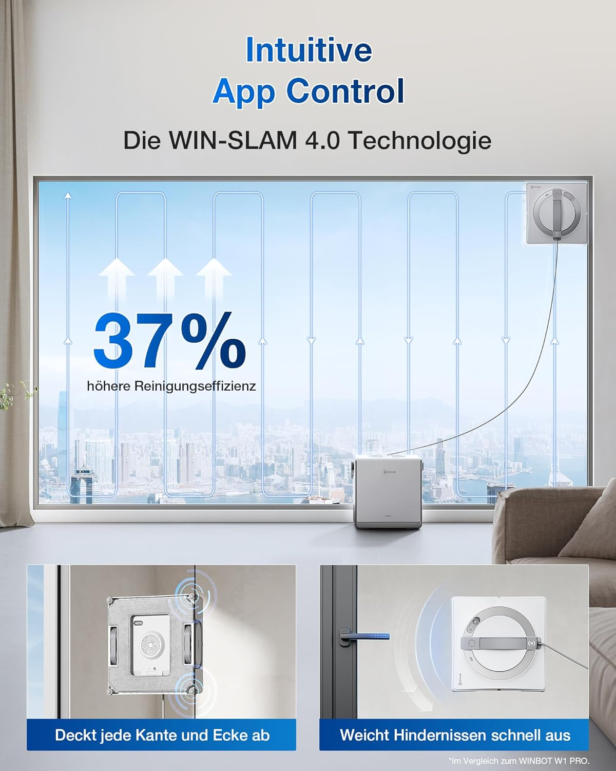 Ein Fensterreinigungsroboter reinigt ein großes Fenster mit Stadtblick. 37% höhere Effizienz.