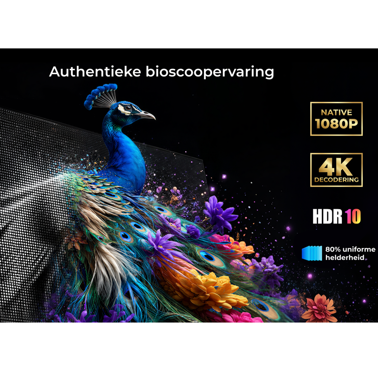 Een pauw met kleurrijke veren tegen een donkere achtergrond met bloemen en tekst.